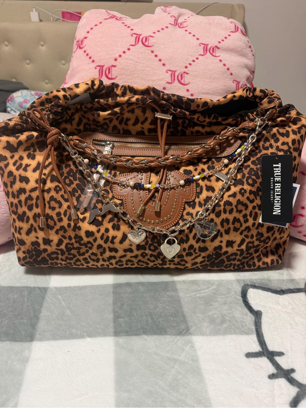 True Religion Viral Leopard-Print Chain Accent Tote in Brown and Black